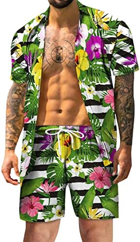 Bmısegm Erkek Takım Elbise Düğmeli Bahar Kısa Set Erkek Plaj Gömlek Casual Baskılı Yaz Şort Rahat Kollu erkek Takım