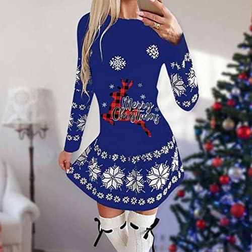NOKMOPO Boho Elbise Kadınlar için kadın Moda Yuvarlak Boyun Noel Baskı Pilili Etek Uzun Etek Uzun Kollu Elbise