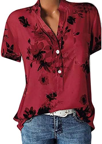Yazlık gömlek Kadınlar için Kısa Kollu Gevşek Fit S-5XL Çiçek Moda Rahat Düğmeler Aşağı V Boyun T-Shirt Tops