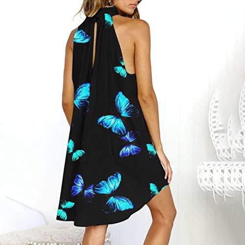 Ruzıyoog kadın Plaj Elbiseleri Kolsuz Halter Boyun Yaz Rahat bir çizgi elbise Moda Baskı Gevşek Dökümlü Tunik Sundress