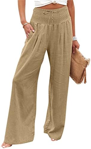 Iaqnaocc Pantolon Kadınlar için, Rahat Pamuk Keten Geniş Bacak Yüksek Bel Palazzo cepli pantolon