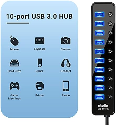 Powered USB 3.0 Hub, atolla 10 Port USB Veri Hub Splitter ile Bireysel ON / Off Anahtarları ve 12 V / 2.5 A Güç Adaptörü