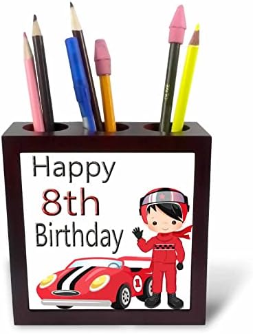 3dRose Kırmızı Kiremitli Kalem Tutucularda Yarış Arabası ve Yarış Arabası Sürücüsü ile 8. Doğum Günün Kutlu Olsun