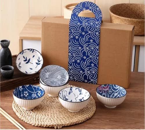 Japon Mavi ve Beyaz kaseler, pirinç kaseleri, 10 oz 5 kaseler, Sakura Kase Hediye Seti, Japon Kaseleri, koi balığı