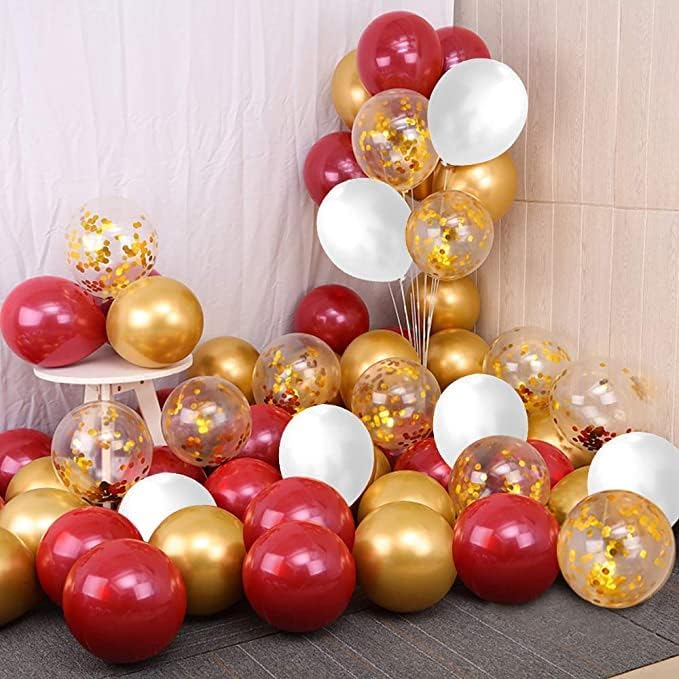 Kırmızı ve Altın Konfeti Balonları, Düğün Doğum Günü Gelin Duş Malzemeleri için 12 inç Bordo Metalik Altın ve Beyaz