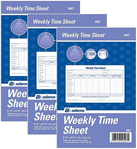 Adams Weekly Time Sheet, 1 Kısım, 5,5 x 8,5 İnç, Mavi / Beyaz, Altlık Başına 100 Sayfa, 2 Altlık/Paket (9507ABF),