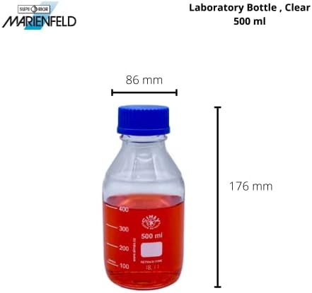 Marienfeld Üstün Sımax Laboratuvar Şişesi 500 ml Borosilikat Cam Şişe 3.3 Temizle, 4 parça Set