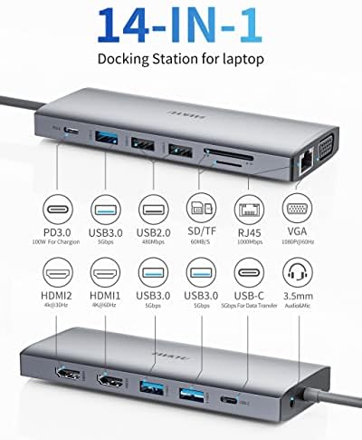 USB C Yerleştirme İstasyonu Çift Monitör, 14'ü 1 arada USBC Üçlü Ekran Çoklu Adaptör, 2 HDMI,VGA, 100W PD, Mikrofon/Ses,