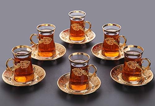 LaModaHome Türk Arapça çay bardakları Öğleden Sonra Çay Severler Çay Fincanı Seti 6 Altın Renk Tutucular ve Tabaklar-Fantezi