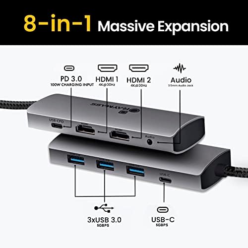 RAYMASS Dizüstü Bilgisayar Yerleştirme İstasyonu / USB C Tipi 8 in 1, Çift Monitör Yerleştirme İstasyonu 3 USB 3.0,