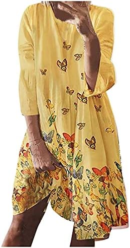 NOKMOPO Maxi Elbise Kadınlar için Rahat Rahat Yuvarlak Boyun / Yaprak Baskı Uzun Kollu Elbise