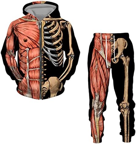 Iskelet 3D Baskılı erkek Fermuar kapüşonlu süveter Seti Spor Uzun Kollu erkek Eşofman