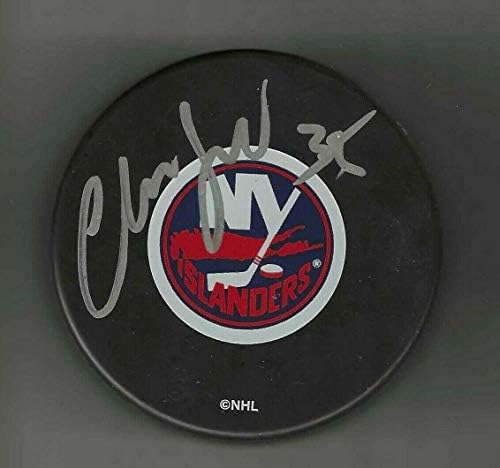 Chris Osgood İmzalı New York Adalıları Büyük Logolu Disk-İmzalı NHL Diskleri