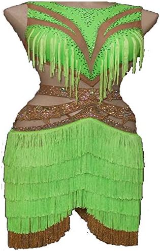 Shing Koleksiyonu-AL83 Balo Salonu Salsa Latin Ritim Samba Dans Elbise Saçaklar Kristal-Custom Made GreenNude, Bir