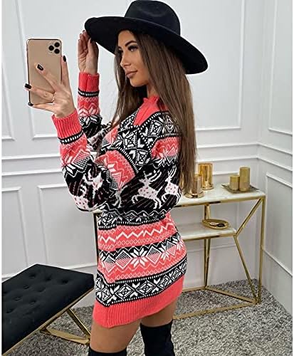 Kadın Midi Kazak Elbise Baskı Noel Uzun Kazak Elbise Cepli Kazak Elbiseler Midi Kazak Elbise