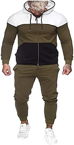 Erkek 2 Parça Eşofman Setleri Colorblock Tam Zip Kapüşonlu Sweatshirt ve Katı İpli Joggers Pantolon