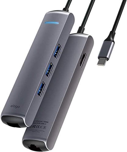 MacBook Pro ve Diğer USB Tip-C Cihazlar için elago 6 in 1 Ethernet [Ethernet Portu, 4K HDMI, PD Şarj Portu, 3 USB