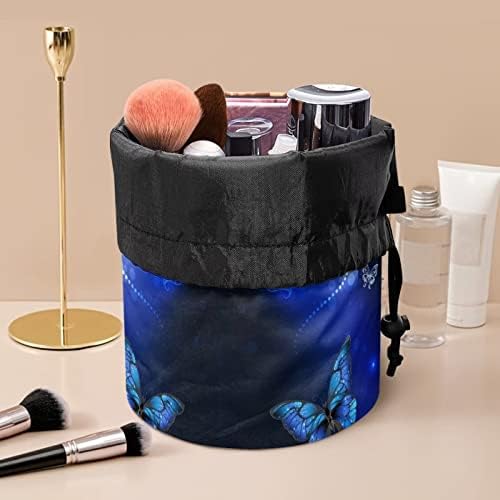 Poceacles Mavi Kelebek Baskı İpli Makyaj Çantası Kadınlar için, Katlanabilir kozmetik torbası Taşınabilir tuvalet