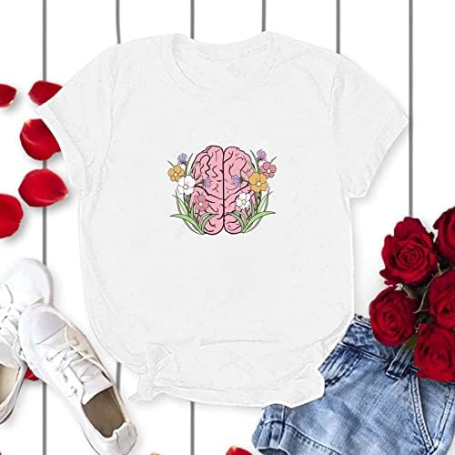 Çiçek Beyin Gömlek Kadınlar için Vintage Grafik Tees Temel Rahat Yaz Tunik Üst Genç Kız Kısa Kollu Crewneck Bluz