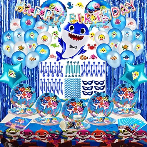 Mavi köpekbalığı doğum günü partisi süslemeleri, çocuklar için 224 adet parti malzemeleri seti Afiş, kek Topper, balonlar,