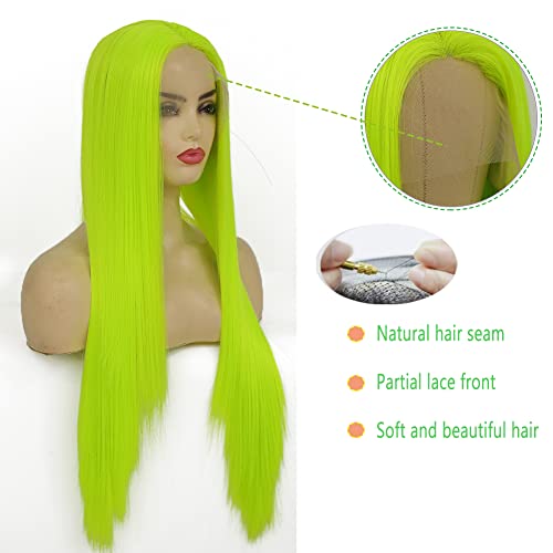 Amnenl Floresan Yeşil Uzun Düz Dantel ön Peruk Kadınlar için Neon Uzun Düz Gerçekçi Dantel Saç Peruk İsıya Dayanıklı