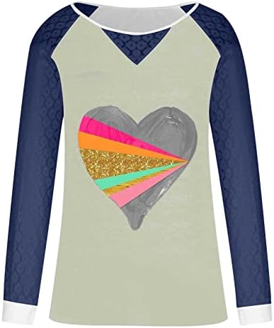 Pembe Kalp Grafik Tshirt Kadınlar için Crewneck Uzun Kollu Üst Tığ işi dantel kesik dekolte Tee Gömlek Tunik Üstleri