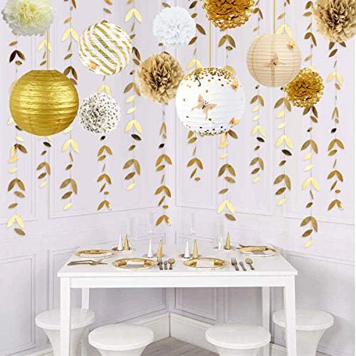 Beyaz ve Altın Parti Dekorasyon Kiti Fenerler Çiçekler Pom Pom ile Altın 3D Kelebek Çıkartmalar ve Yaprak Çelenk Flamalar