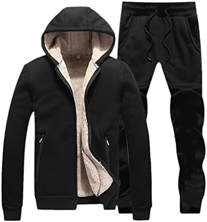 Kış Erkekler Sıcak Kalın Kapüşonlu Ceket + Pantolon Setleri, erkekler Kuzu Kaşmir Hoodies Fermuar Eşofman spor Takım