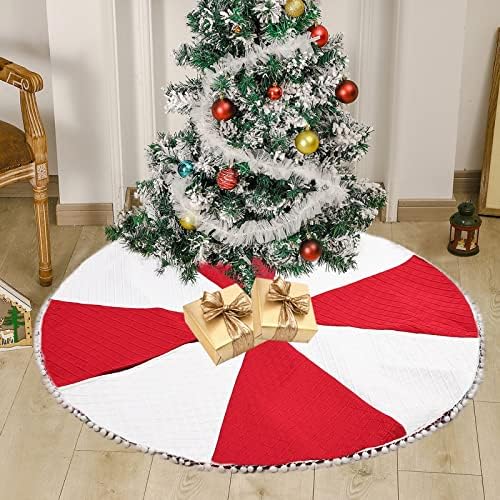 ELEZAY Çatışan Kabartmalı Noel Ağacı Etek 48 İnç Klasik Lüks Kırmızı Noel Ağacı Mat Pom poms ile Noel Süsler Ağacı