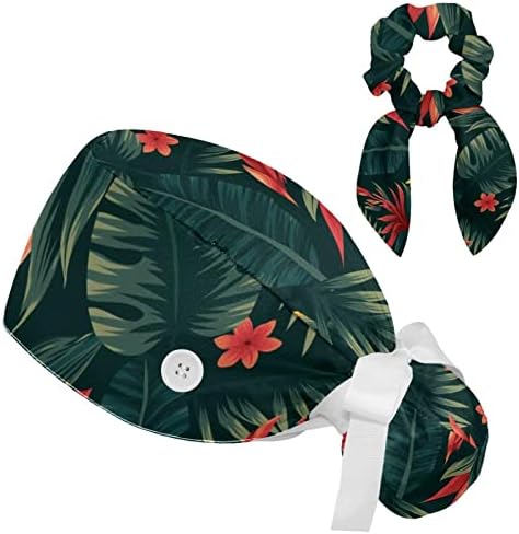 Ayarlanabilir çalışma kapağı Tropikal Yeşil Yapraklar Kırmızı Çiçek Kabarık Şapka Düğmeleri ile Fırçalayın Şapka Yay