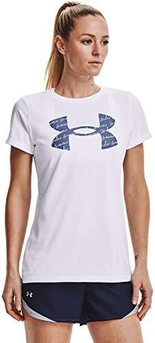 Zırh altında kadın Teknoloji Katı Büyük Logo Kısa Kollu Ekip Boyun T-Shirt , Beyaz (100) / Mineral Mavi, Küçük