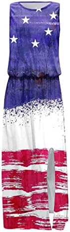 4th Temmuz Elbiseler Kadınlar için Rahat Amerikan Bayrağı Uzun Maxi Elbise Boho Kolsuz Crewneck Yarık Plaj Yensiz