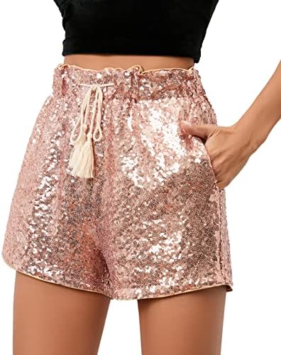 Kadın Yaz Sequins Şort Yüksek Bel Rahat Gevşek Bir Çizgi Sıcak Pantolon Sparkly Clubwear Gece-Out Skorts