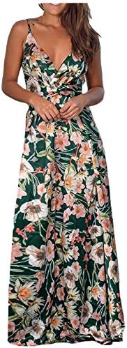 Kadınlar Maxi uzun elbise Kolsuz V Boyun Spagetti Kayışı Sundress Çiçek Baskı Parti Düğün Plaj Tatil Elbiseler