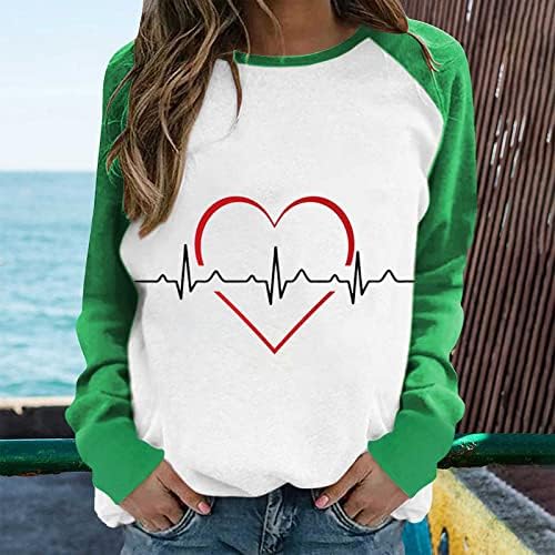 Sevgililer Günü Uzun Kollu Tees Gömlek Kadınlar için Moda EKG Kalp Grafik Kazak Üstleri Rahat Renk Bloğu Tunik Tees