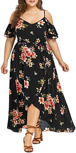 Kadın rahat elbise Artı Boyutu Çiçek Spagetti Kayışı V Boyun Soğuk Omuz Kısa Kollu Bir Çizgi Maxi Akşam Elbise