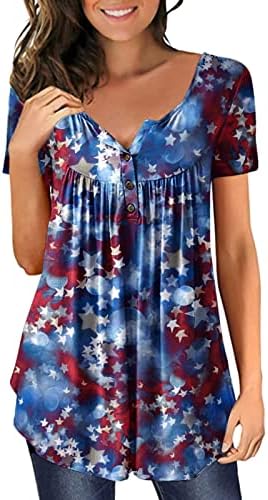 4th Temmuz Tunik Üstleri Kadınlar için Amerikan Bayrağı Gizlemek Göbek Yağ T-Shirt Yaz Rahat Kısa Kollu Düğme V Boyun