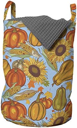 Ambesonne Hasat Çamaşır Torbası, Tarım Teması Sebze Desenli Mısır Balkabağı ve Ayçiçeği, Kulplu Sepet Çamaşırhaneler