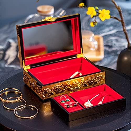 SMLJLQ Mücevher Kutusu Çin Tarzı Vintage Mücevher Kutusu Ahşap Hazine saklama kutusu Toz Geçirmez Takı Küpe Yüzük