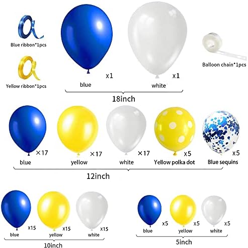 Kraliyet Mavi Sarı Beyaz Balon Garland Kemer Kiti, 126 ADET Mavi Sarı Folyo Balonlar ve Lacivert Konfeti Lateks Balonlar