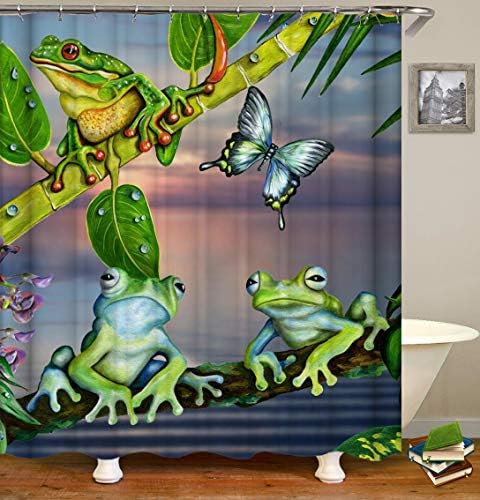 Kumaş Duş Perdesi, Tropikal Orman Kurbağa Kelebek Komik Karikatür Hayvan Yeşil Yapraklar Polyester Tasarımcı Kumaş,
