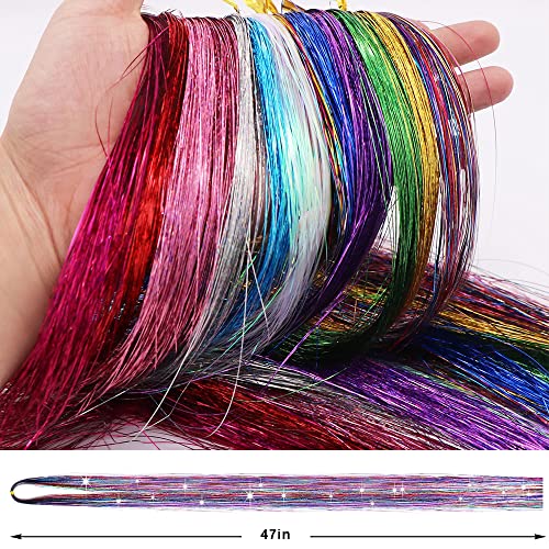 Gosuoa 48 İnç Saç Tinsel Kiti, 12 Renk 2400 Tellerinin Tinsel saç ekleme Araçları ile, İsıya Dayanıklı Glitter Peri