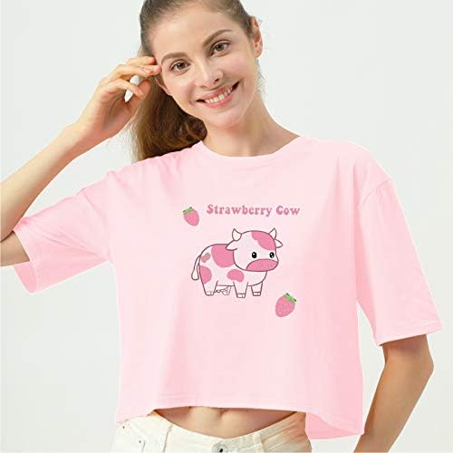 KEEVICI Kızların Sevimli Çilek İnek Baskı T Shirt Kısa Kollu Mahsul pamuklu üst giyim