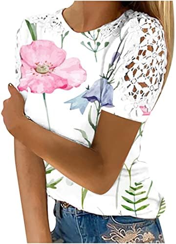 Kadınlar için Dantel Kısa Kollu T Shirt 2023 Şık Casual Tunik Gömlek Crewneck Kravat Boya Tshirt Bluzlar Moda Kazak