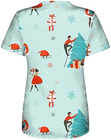 Noel Gömlek Kadınlar İçin Rahat Kısa Kollu V Yaka çalışma üniforması Noel Baskı Cep Bluz Tunik Üstleri