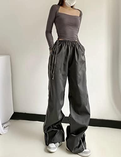 Watashi kadın eşofman altları Baggy Y2K Geniş Bacak Elastik Bel Rahat Gevşek Kargo Paraşüt Pantolon Streetwear