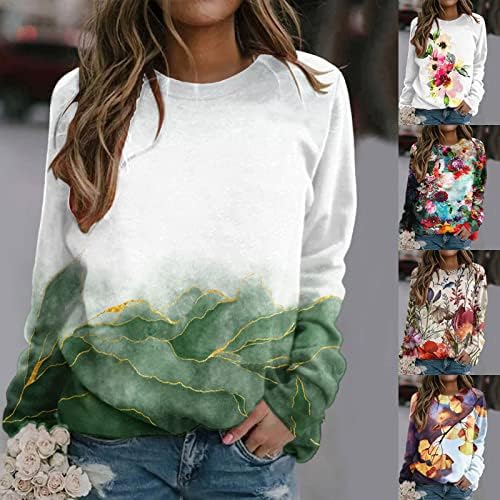 Sonbahar Tişörtü Kadınlar için Rahat Crewneck Uzun Kollu Üstleri Artı Boyutu Çiçek Gömlek Gevşek Rahat Bluzlar