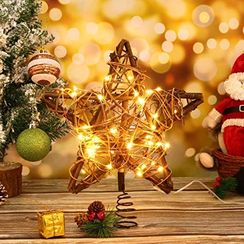 ISMARLAMA Noel Ağacı Topper Rattan Yıldız Light Up Noel Ağacı Topper Hollow-Out Yıldız Noel Ağacı Dekorasyon için