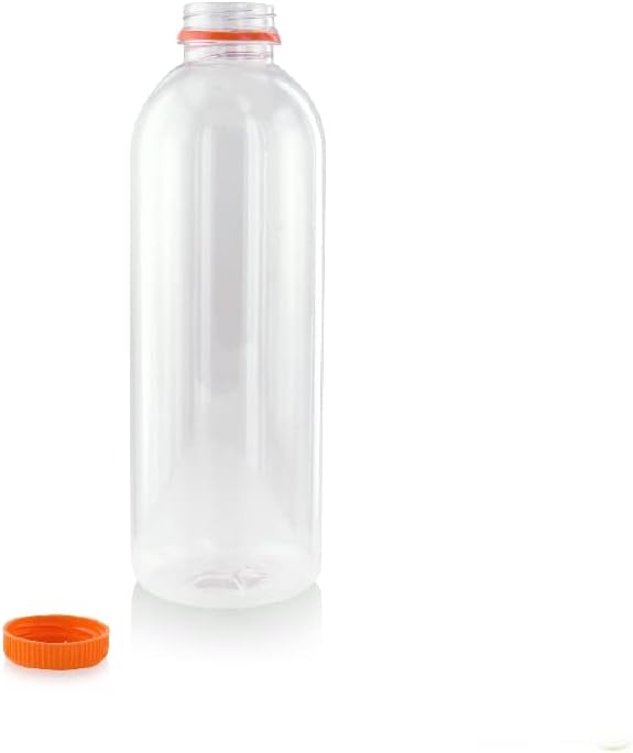 PacknWood 210BOUT1001-Turuncu Kapaklı Yuvarlak PET Şişe-Yuvarlak Plastik Şeffaf Şişeler-PET Şeffaf Meyve Suyu Şişesi-BPA