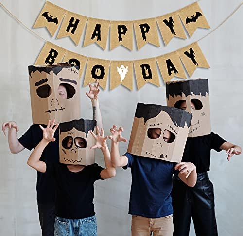 CAVLA Mutlu Boo Günü Çuval Bezi Banner Jüt Cadılar Bayramı Doğum Günü Banner Çelenk Yarasa ve Hayalet İşaretleri ile